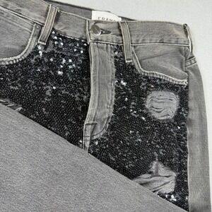 FRAME Basque Rips Sequin Embellished Distressed Straight Leg‎ Jeans Washed Black